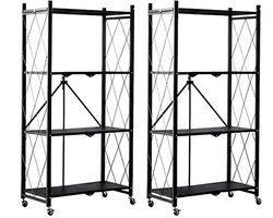 FOXSPORT Inklapbare plank kast - 2 stuks - Stellingkast Met 360° wielen - 4 laags 72x37x124CM - Open Vakkenkast - Wandkast - Keuken Organizer - Keuken Opslag - Boekenkast - Opbergrek Magnetron - Keukenrek - Zwart - Set van 2