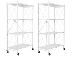 FOXSPORT Inklapbare plank kast - 2 stuks - Stellingkast Met 360° wielen - 4 laags 72x37x124CM - Open Vakkenkast - Wandkast - Keuken Organizer - Keuken Opslag - Boekenkast - Opbergrek Magnetron - Keukenrek - Roestvrij Staal - Wit - Set van 2