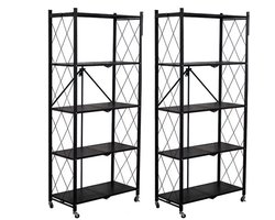 FOXSPORT Inklapbare plank kast - 2 stuks - Stellingkast Met 360° wielen - 5 laags 72x37x163CM - Open Vakkenkast - Wandkast - Keuken Organizer - Keuken Opslag - Boekenkast - Opbergrek Magnetron - Keukenrek - Roestvrij Staal - Set van 2