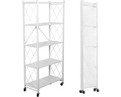 FOXSPORT Inklapbare plank kast - Stellingkast Met 360° wielen - 5 laags 72x37x163CM - Open Vakkenkast - Wandkast - Keuken Organizer - Keuken Opslag - Boekenkast - Opbergrek Magnetron - Keukenrek - Roestvrij Staal - Wit