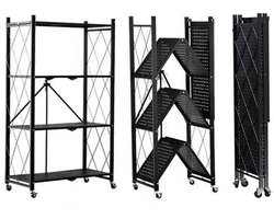 FOXSPORT Inklapbare stellingkast -4 plank kast - Opbergplanken - Met 360° wielen - Open Vakkenkast - Keuken Opslag - Keuken Organizer - Stevig Opbergrek Magnetron - Keukenrek - Roestvrij Staal - Industrieel - 71.5x36.5x163cm - Zwart