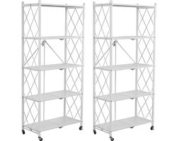 FOXSPORT Inklapbare stellingkast -5 plank kast - Opbergplanken - Met 360° wielen - 2 stuks - Open Vakkenkast - Keuken Opslag - Keuken Organizer - Stevig Opbergrek Magnetron - Keukenrek - Roestvrij Staal - Industrieel - 71.5x36.5x163cm - Wit