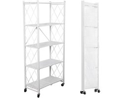 FOXSPORT Inklapbare stellingkast -5 plank kast - Opbergplanken - Met 360° wielen - Open Vakkenkast - Keuken Opslag - Keuken Organizer - Stevig Opbergrek Magnetron - Keukenrek - Roestvrij Staal - Industrieel - 71.5x36.5x163cm - Wit