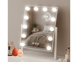 Fraay Hollywood Spiegel 41x30CM - met Beauty Blenders - 12x LED Lampen - 10x Vergroting - 3 Lichtstanden - Dimbaar - Smart Touch - Hollywood Spiegel met Verlichting - Spiegel met Verlichting - Make Up Spiegel - Visagie Spiegel - Vanity Mirror