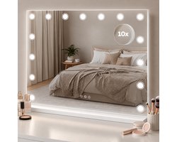 Fraay Hollywood Spiegel 60x50CM - 15x Led Lampen - 10x Vergroting - 3 Lichtstanden - Dimbaar - Smart Touch - Hollywood Spiegel met Verlichting - Spiegel met Verlichting - Make Up Spiegel - Visagie Spiegel - Vanity Mirror