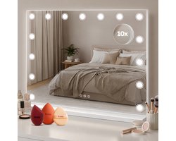 Fraay Hollywood Spiegel 60x50CM - met Beauty Blenders - 15x Led Lampen - 10x Vergroting - 3 Lichtstanden - Dimbaar - Smart Touch - Hollywood Spiegel met Verlichting - Spiegel met Verlichting - Make Up Spiegel - Visagie Spiegel - Vanity Mirror