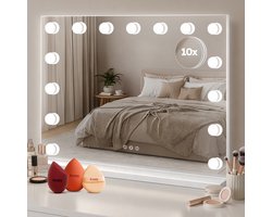 Fraay Hollywood Spiegel 60x50CM - met Beauty Blenders - 15x Led Lampen - 10x Vergroting - Dimbaar - 3 Lichtstanden - Smart Touch - Hollywood Spiegel met Verlichting - Spiegel met Verlichting - Make Up Spiegel - Visagie Spiegel - Vanity Mirror
