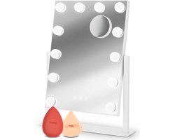 Fraay® Hollywood Spiegel met Verlichting 41x30cm - 3 Lichtstanden - Make Up Spiegel met 10x Vergrootspiegel - LED Verlichting Dimbaar - Incl. Beauty Blenders en Powder puff