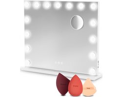 Fraay® Hollywood Spiegel met Verlichting 60x50cm - 3 Lichtstanden - Luxe Make Up Spiegel met 10x Vergrootspiegel - LED Verlichting Dimbaar - Incl. 2 Beauty Blenders en Powder puff