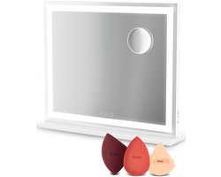 Fraay® Hollywood Spiegel met Verlichting 60x50cm - 3 Lichtstanden - Make Up Spiegel met 10x Vergrootspiegel - LED Strip Verlichting Dimbaar - Incl. 2 Beauty Blenders en Powder puff