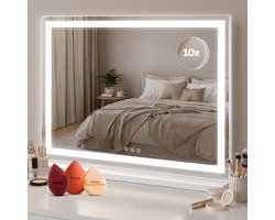 Fraay® Hollywood Spiegel met Verlichting - 60x50cm - 3 Lichtstanden - Make Up Spiegel met 10x Vergrootspiegel - Vanity Spiegel - Mirror - LED Strip Verlichting Dimbaar - Incl. 2 Beauty Blenders en Powder puff