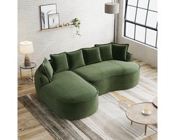 Frameloze Modulaire Hoekbank, L-Bank, 3-Zitsbank, Chenille stof, Cloud Bank van Schuim, L-vormig met Extra diepe Zitting en Brede Armleuningen, Inclusief Chaise Longue en Kussens, Geen Montage Nodig-Groente