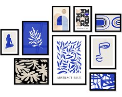 FrameYourWall® - Fotowand met exclusieve posters - All Blue - Fotolijst collage blauw - Fotokader met abstracte posters - Kaders en lijsten - Wissellijst - Wanddecoratie - Fotocollage muurdecoratie - Muurposter met zwarte lijst - 9 delige fotomuur