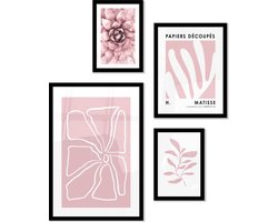 FrameYourWall® - Fotowand met exclusieve posters - Floral Finesse - Fotolijst collage roze line art - Fotokader met poster - Kaders en lijsten - Wissellijst - Wanddecoratie - Fotocollage muurdecoratie - Muurposter met zwarte lijst - 4 delige fotomuur