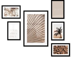 FrameYourWall® - Fotowand met exclusieve posters - Good Vibes - Fotolijst collage beige - Fotokader met poster - Kaders en lijsten - Photo frame wissellijst - Wanddecoratie - Fotocollage muurdecoratie - Muurposter met zwarte lijst - 6 delige fotomuur
