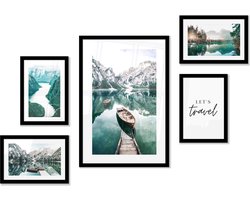 FrameYourWall® - Fotowand met exclusieve posters - Mountain Mirrors - Fotolijst collage natuur - Fotokader met poster - Kaders en lijsten - Wissellijst - Wanddecoratie - Fotocollage muurdecoratie - Muurposter met zwarte lijst - 5 delige fotomuur