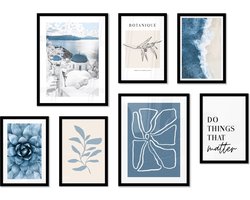 FrameYourWall® - Fotowand met exclusieve posters - Ultimate Vacation - Fotolijst collage line art - Fotokader met poster - Kaders en lijsten - Wissellijst - Wanddecoratie - Fotocollage muurdecoratie - Muurposter met zwarte lijst - 7 delige fotomuur