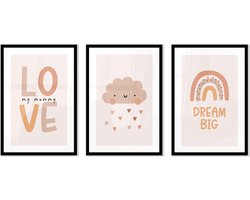 FrameYourWall® - Fotowand met exclusieve posters voor kinderkamer - Rainbow love - Fotolijst collage meisjes - Fotokader met poster - Kaders en lijsten - Wanddecoratie - Fotocollage muurdecoratie - Muurposter met zwarte lijst - 3 delige fotomuur