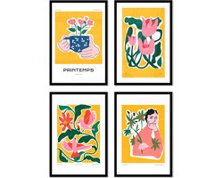 FrameYourWall® - Fotowand met exclusieve posters - Yellow Gallery - Fotolijst collage abstract - Fotokader met poster - Kaders en lijsten - Wissellijst - Wanddecoratie - Fotocollage muurdecoratie - Muurposter met zwarte lijst - 4 delige fotomuur