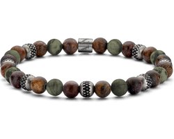 Frank 1967 7FB-0737 Kralen Armband - Heren Armband - Matt Bronzite Kralen - 6mm - Matt Moss Agaat - Staal Kralen - Rekbaar 19cm - Groen/Atraciet/Bruin