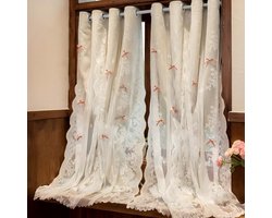 Frans Verduisterend Gordijn - Landelijke Stijl - Dubbellaags Lichtblokkerend - Voor Slaapkamer/Kinderkamer/Woonkamer - Met Kantoorgaten + Rode Kwastjes - Voor Gezinnen/Ploegendienst Werker - Beige - 150x150cm Per Paneel - Set Van 2