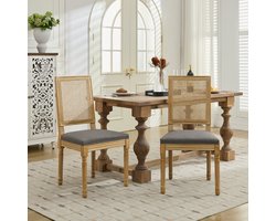 Franse Boerenhuis Eetkamerstoelen Set van 2, Versleten Massief Houten Frame, Vierkante Geweven Rotan Rugleuning, Ademend Linnen Beklede Stoel, Kussen met Schuim- en Stalen S Veer, Vintage Bijzetstoelen, DE1779GY