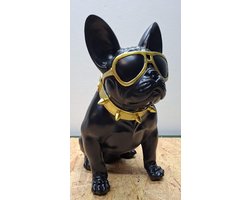 Franse Bulldog "Urban Style" – Met Zonnebril & Spikes – Zwart/Goud – 33 cm - polyresin - polystone - Decoratie - Woonaccessoires - Beeld