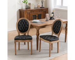 Franse landelijke eetkamerstoelen set van 2, verweerd massief houten frame, volledig handgetufte ovale rug, vintage schapenvacht PU-leer met handmatige spijkerrand, hoogwaardig schuim- en stalen veerkussen, DE1839BK