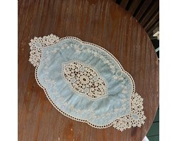 Franse ovale placemats van fluweel en kant met borduurwerk - Retro design voor dressoir (blauw, 55 x 35 cm)