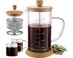 Franse Pers 1 Liter Koffiemachine, Dubbele Filters Bamboe Franse Pers, Antislip Siliconen Zool, Verdikte Hittebestendige Borosilicaatglas Pers Koffiezetapparaat met 2 Glazen Kopjes