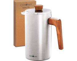 Franse pers gemaakt van roestvrij staal en FSC-hout - 1 liter - dubbelwandige thermische isolatie - grote koffiemaker met 2 vervangende filters.