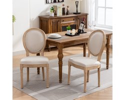 Franse Stijl Eetkamerstoelen - Set van 2 - Massief Houten Frame - Linnen Stof & Rattan Rug - Beige