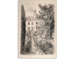 Franse Tuin Poster - Landelijk Canvas - Woonkamer Decoratie - Vintage Schets Kunst - 40 x 61 cm - Grijs Neutraal
