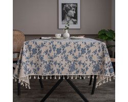Franse Vintage Blauwe Rozen Bloemen Katoen-Linnen Stoffen Tafelkleed – Gestikt Kwastje Rechthoekig – Keuken, Eetkamer, Theefeest, Landelijk Woondecoratie (140x200cm)