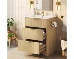 Freistehender Waschtischunterschrank 61 cm - Keramiek wastafel - 2 Laden - Gouden grepen - Dubbelzijdig wc-papierhouder - Zonder kraan - Natuurlijk hout