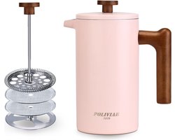 French Press koffiezetapparaat, 1 liter/8 kopjes, dubbelwandige geïsoleerde koffiepot en theekoker, handfilter, koffiepers met zuiger, houten handvat, roze