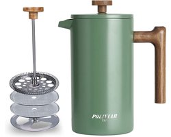 French Press Koffiezetapparaat, 1 liter/8 kopjes, dubbelwandige schuine koffiepot en theebereider, handfilter, koffiepers met plunger en handvat van hout
