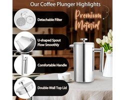 French Press Koffiezetapparaat 1,5 Liter - Roestvrij Staal, Dubbelwandig Geïsoleerd met 3 Extra Zeven