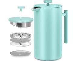 French Press Koffiezetapparaat 34 oz - 1000 ml (4 koffiemokken / 8 koffiekopjes) - Koffiezetapparaat met drievoudig roestvrijstalen filter en geïsoleerde wanden - Hemelsblauw