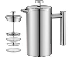 French Press Koffiezetapparaat - 800 ml - Dubbelwandige Geïsoleerde Roestvrijstalen Koffiepers - Compacte Camping Koffie Maker - Duurzame en Elegante Theepot voor Vrouwen en Mannen - Koffiezetapparaat - Zilver