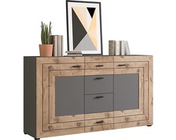 Freno Dressoir - Houtmateriaal - Grijze Replica - Nox Eiken Replica - 160 x 90 x 40 cm - 2 Deuren - 4 Laden - 4 Planken