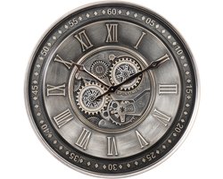 Fresco Wandklok Ø 60 cm – Vintage Zilver – Bewegende Tandwielen – Industrieel & Stil Uurwerk