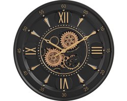 Fresco Wandklok Ø 60 cm – Zwart/Goud – Bewegende Tandwielen – Industrieel Luxe & Stil Uurwerk