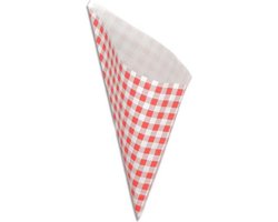 Frietzak papier rode ruit puntzak- 25 stuks met Snack vorkjes kleine maat hoogte 14 cm