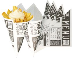 Frietzakjes - 30x st - zwart/wit - 17,5 x 24 cm - papier - puntzakken - patatzakjes - snackzakjes - zakjes voor patat/friet