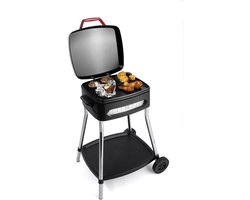 FRITEL Barbecue BBQ 3278 - Elektrische barbecue en tafelgrill - Groot Grillopp. 40x36cm + Onderstel + Scharnieren Deksel + Wielen - Zwart
