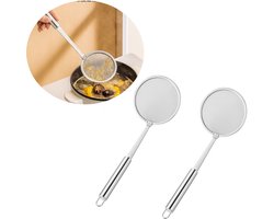frituurschep - frietschep - schuimspaan rvs - zeef - patatschep - uitleklepel - keukengerei - kookbenodigdheden - Vergiet - Soeplepel met Afgietfunctie uit RVS - Schuimlepel -zilver - ø14 cm - 2 Stuks - schuimspaan frituur - frituurschep schuimspaan