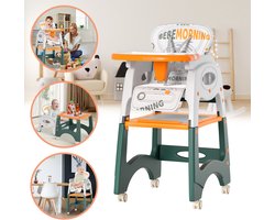 Froadp 6-in-1 kinderstoel Verstelbare kinderstoel voor baby's en peuters Kindertafel en stoelenset Met wieltjes & veiligheidsgordel & verstelbare rugleuning Bouwbloktafel Oranje & wit Tot 50 kg