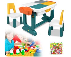 Froadp 6-in-1 kindertafel Activiteitentafel Kinderbureau Speeltafel Kinderzitgroep Bouwstenentafel Watertafel voor kinderen vanaf 3 jaar met opbergruimte Tafelblad 2 stoelen, 1 set bouwstenen