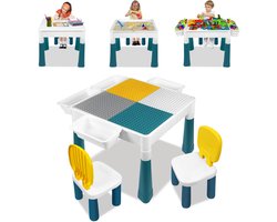 Froadp 6-in-1 kindertafel- en stoelset met 2 stoelen en 163 bouwstenen Multifunctionele leer- en speeltafel Activiteitentafelset Kindertafel Knutseltafel met opbergruimte voor jongens en meisjes Cadeau